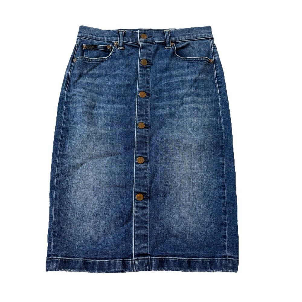 Polo Ralph Lauren Denim Skirt Womens 2 Blue Button‎ Front Midi Classic Pockets